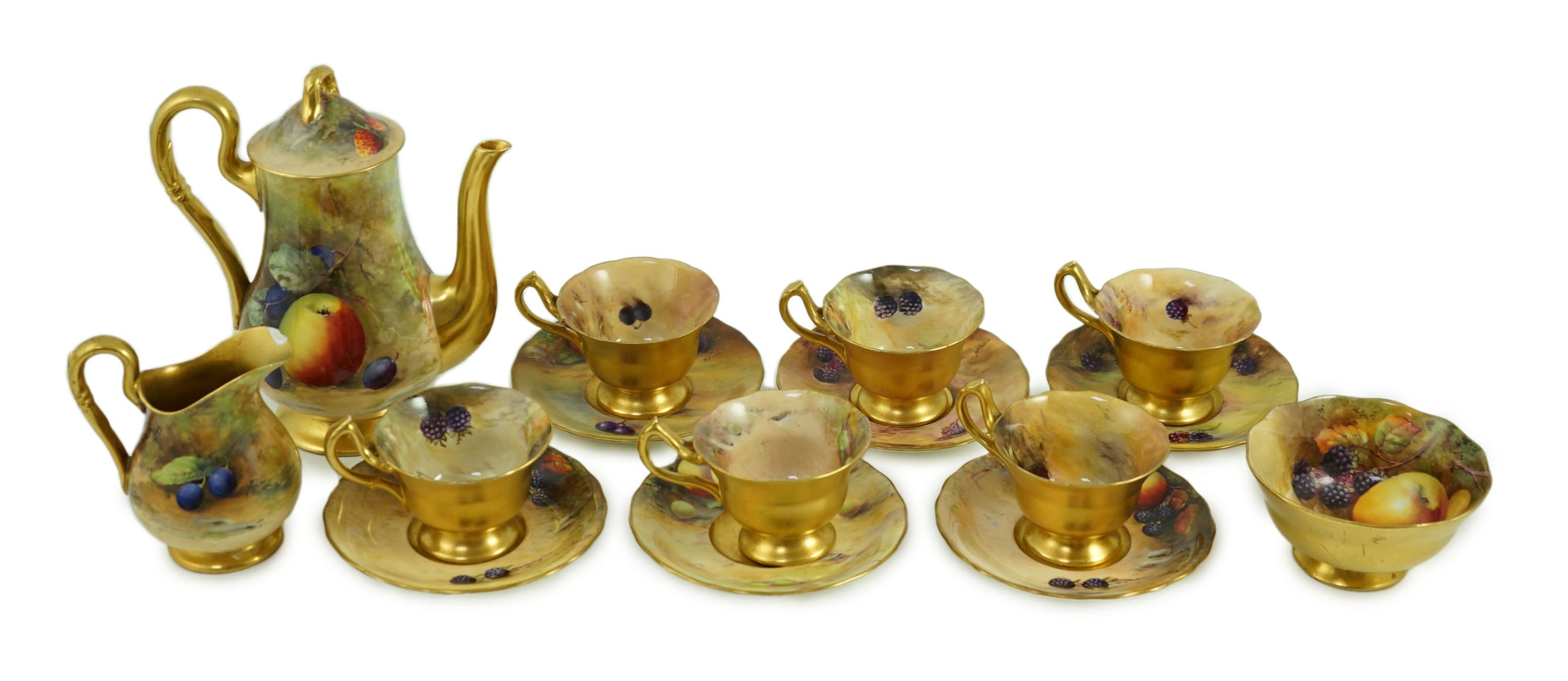 A Royal Worcester fruit painted coffee set, c.1924/25, Coffee pot 17.5cm high